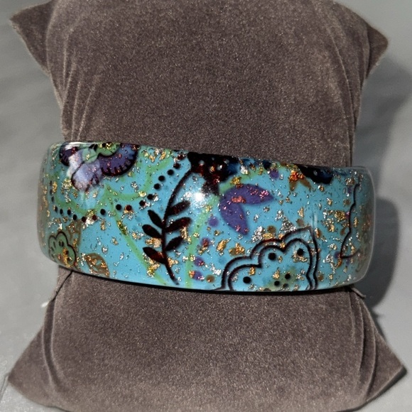 Artisan Teal and Gold Lucite Chunky Bangle Floral Paisley Bracelet Dimensional - Picture 3 of 9